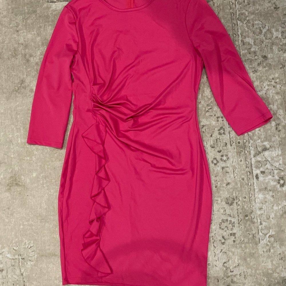 Elegant Midi Pencil Dress 3/4 Sleeve, Ruffle Accent Body Con Pink Magenta XL